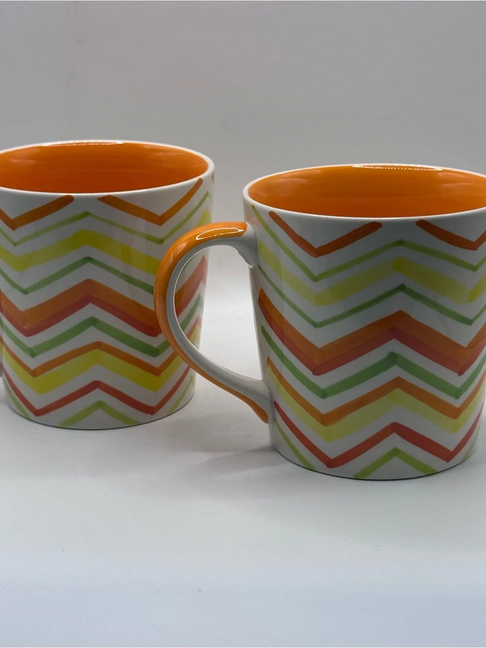 CRATE & BARREL Bright Chevron Coffee Mugs, Citrus Orange/Yellow/Green, Set Of 2